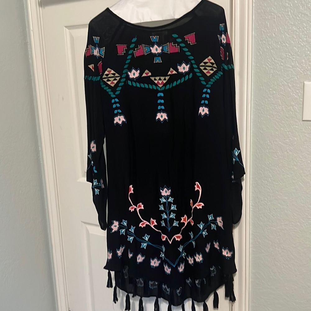 Black embroidered Sundance dress with fringe trim size large